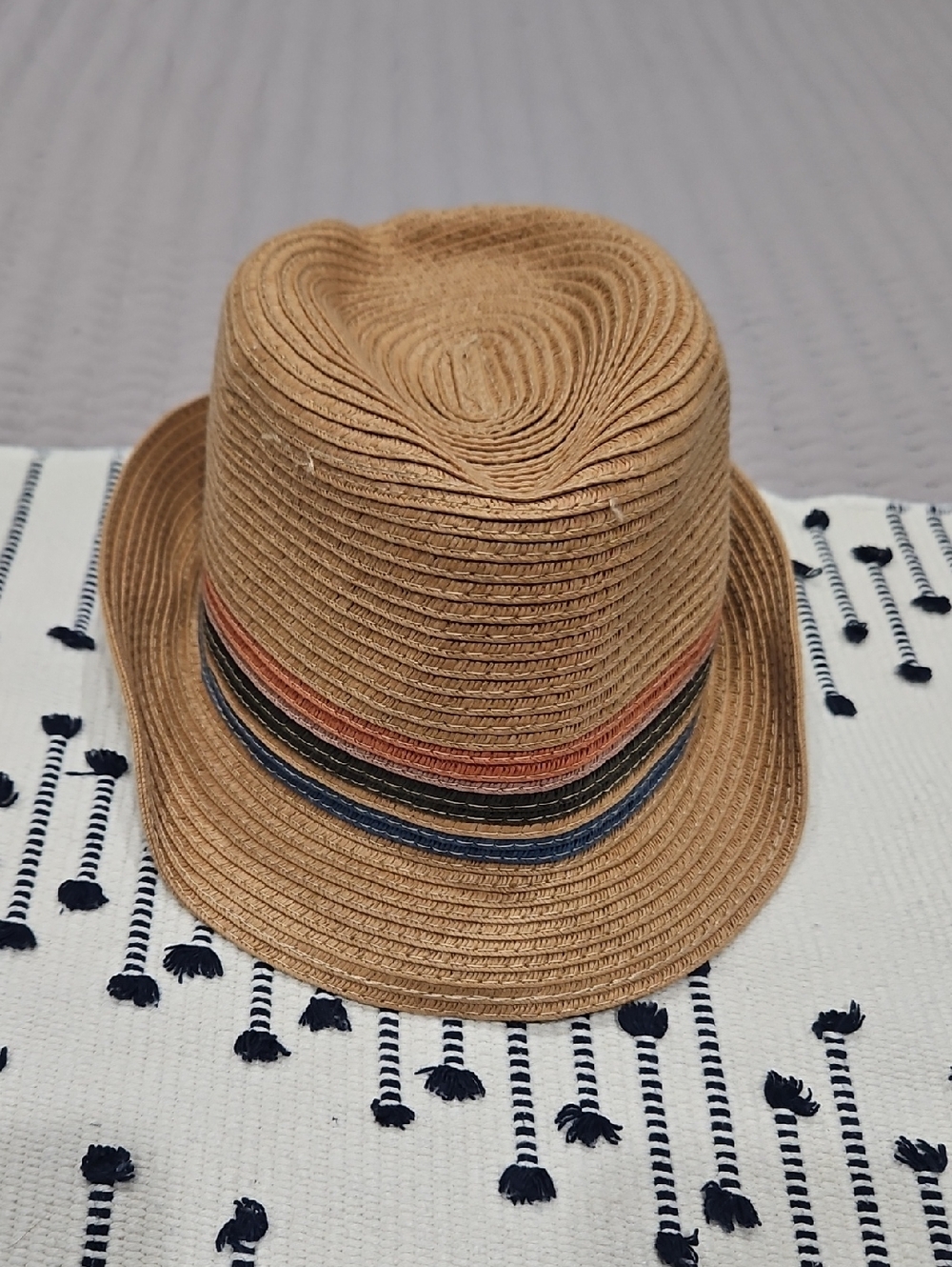 Zara Tan Straw Fedora with Navy and Rust Band